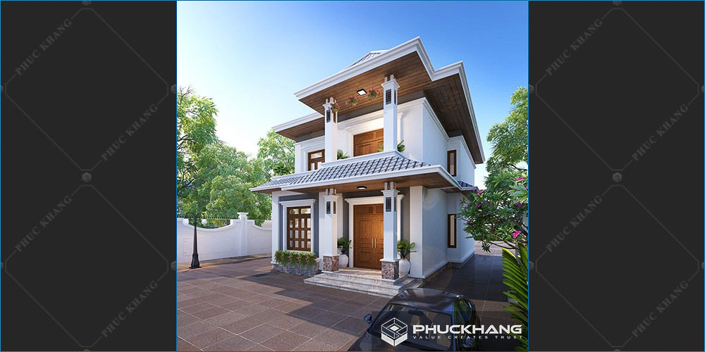 mẫu nhà 2 tầng mái thái mặt tiền 8m hiện đại