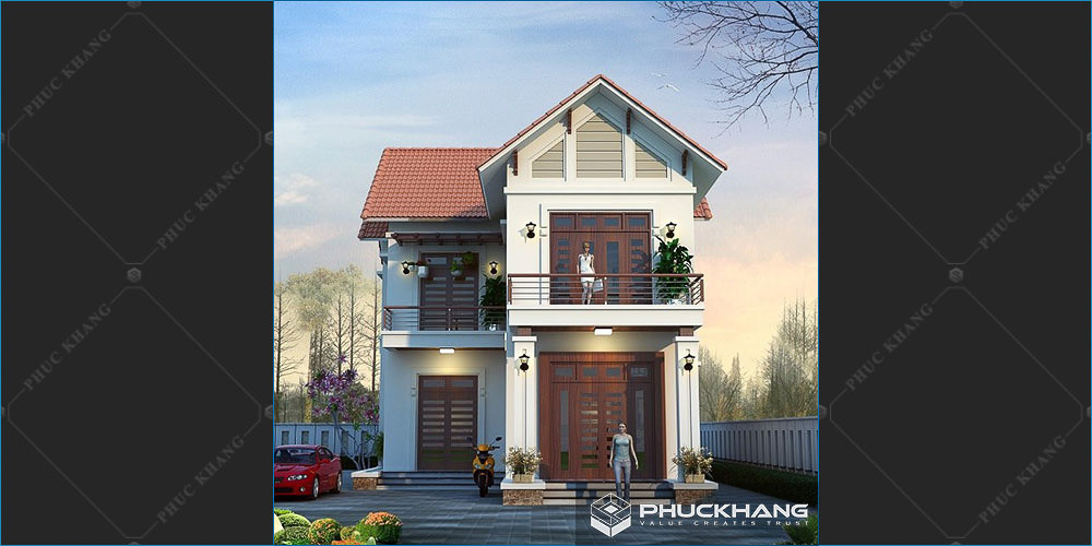 mẫu nhà 2 tầng mái thái mặt tiền 8m hiện đại