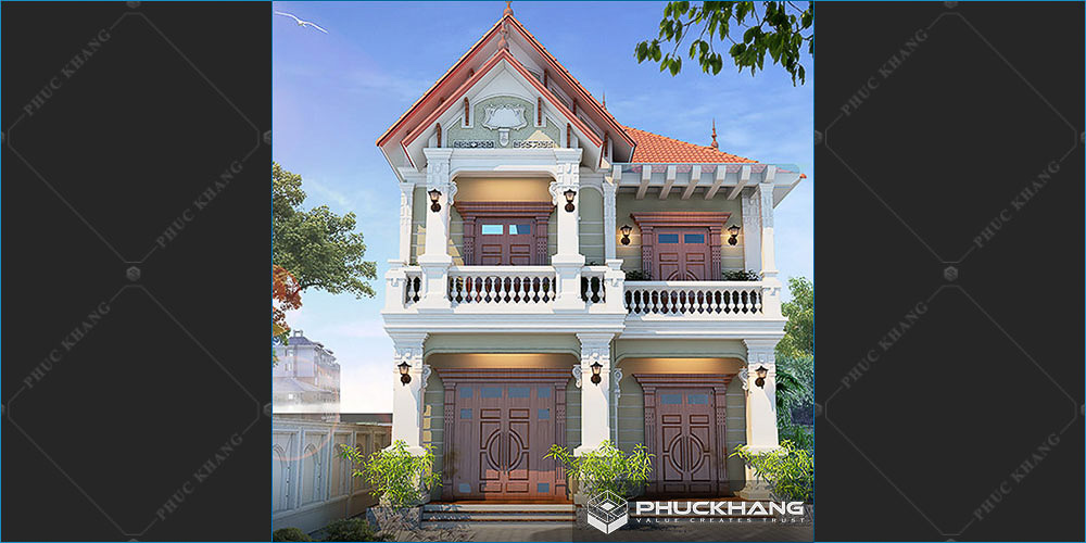 mẫu nhà 2 tầng mái thái mặt tiền 8m tân cổ điển