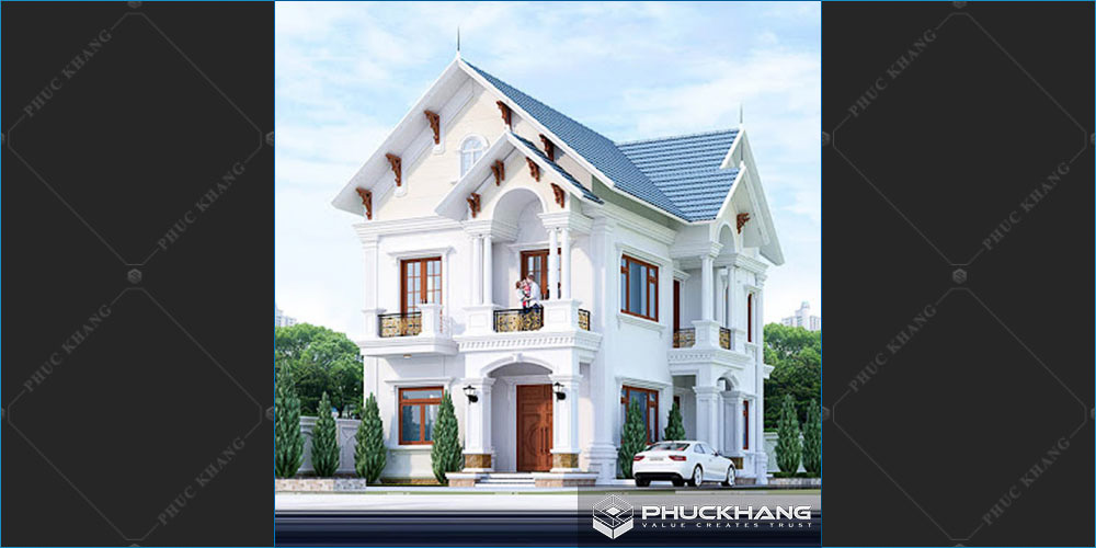mẫu nhà 2 tầng mái thái mặt tiền 8m tân cổ điển