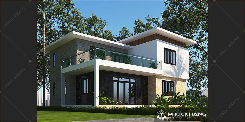 mẫu nhà 2 tầng chữ L mái bằng