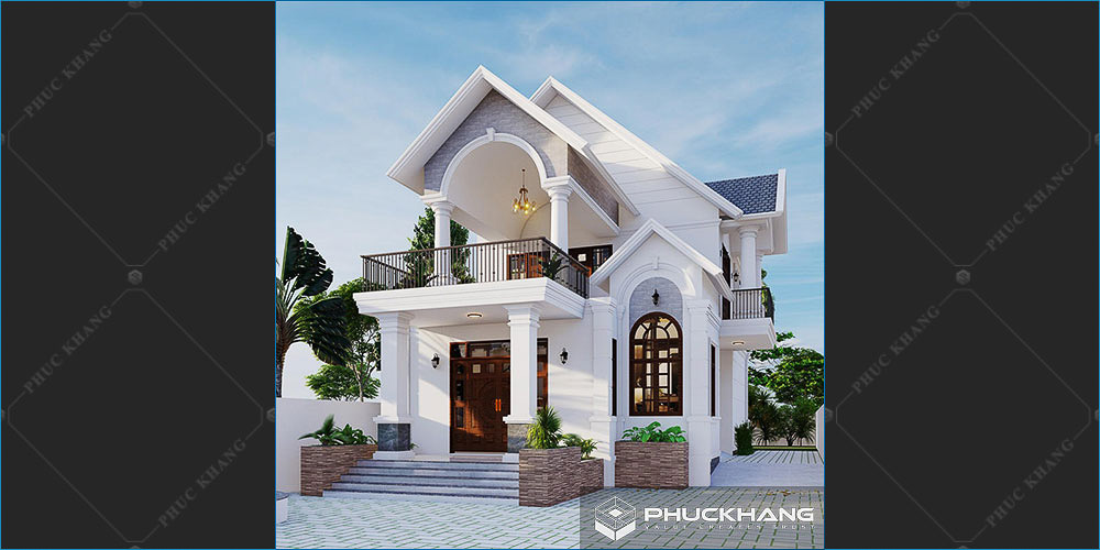 mẫu nhà ống 2 tầng mái thái mặt tiền 8m tân cổ điển