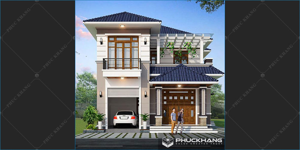 mẫu nhà vuông 2 tầng 80 m2 mái thái