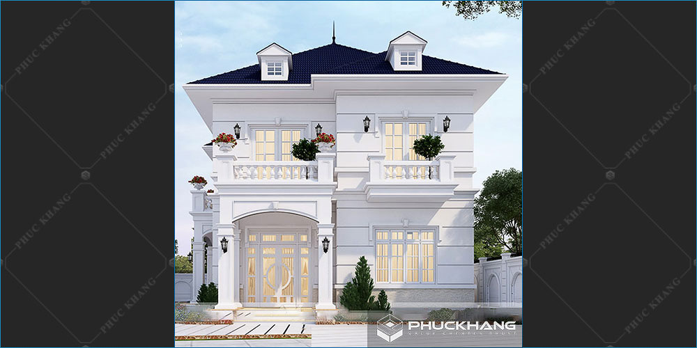 mẫu nhà vuông 2 tầng 80 m2 tân cổ điển