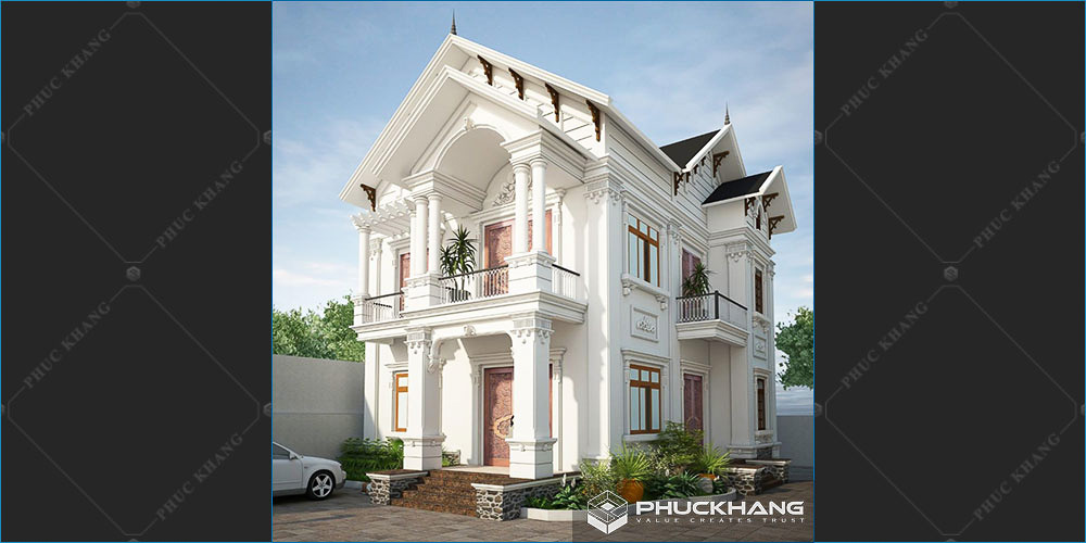 mẫu nhà vuông 2 tầng 80 m2 tân cổ điển