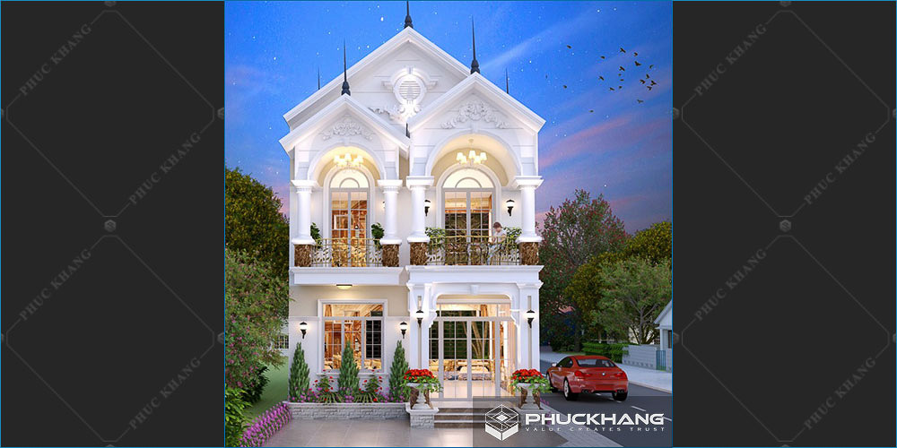 Mẫu nhà 2 tầng tân cổ điển mái thái